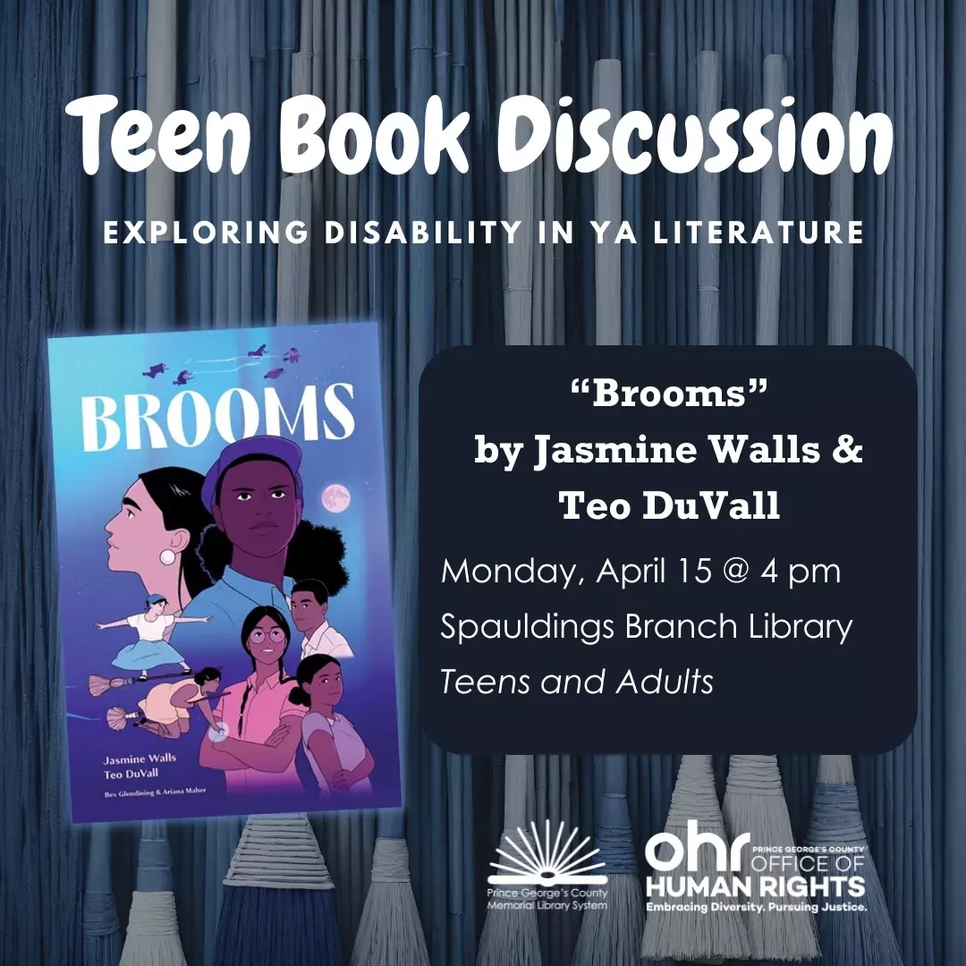 Flyer for Teen Book Group featuring cover of book "Brooms" 