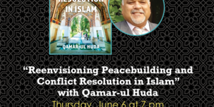 Flyer featuring book jacket and image of author, Qamar-ul Huda