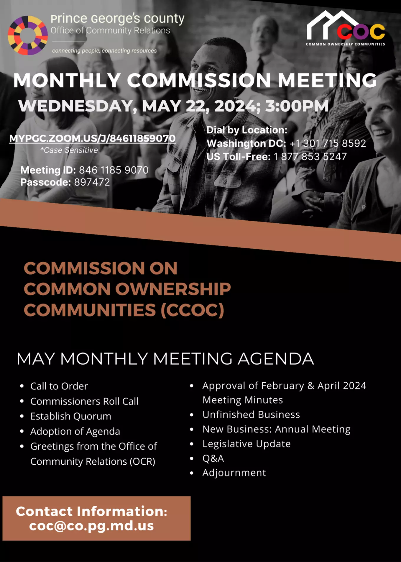 The Prince George’s County Office of Community Relations on Wednesday, May 22nd, 2024, at 3:00 pm will partner with the Commission on Common Ownership Communities to host a virtual meeting.