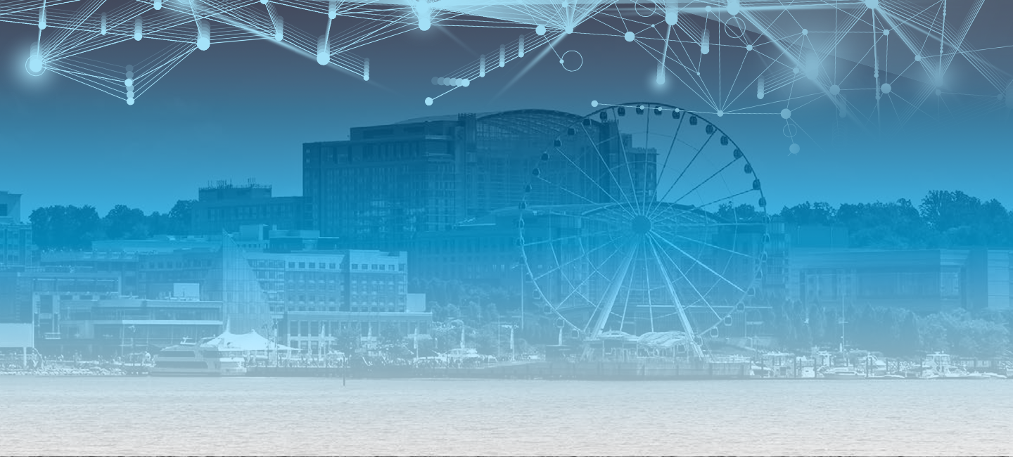 National Harbor with abstract tech cloud overlay
