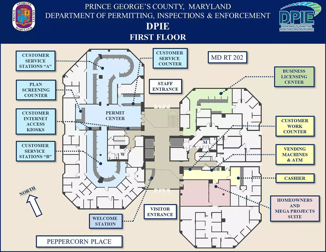 DPIE Building Map of First Floor Customer Service areas of 9400 Peppercorn Place, Largo, MD