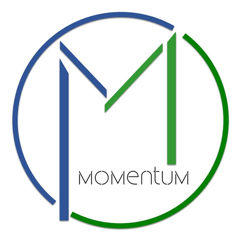 Momentum logo showing green & blue letter M in a circle