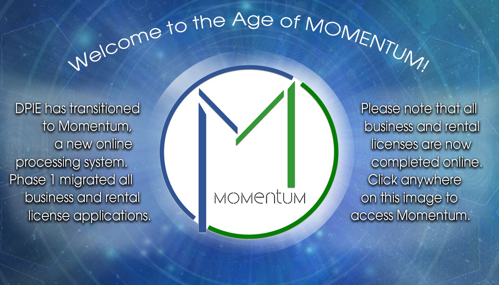 Age of Momentum Banner for auxiliary pages with letter M in circle on blue background