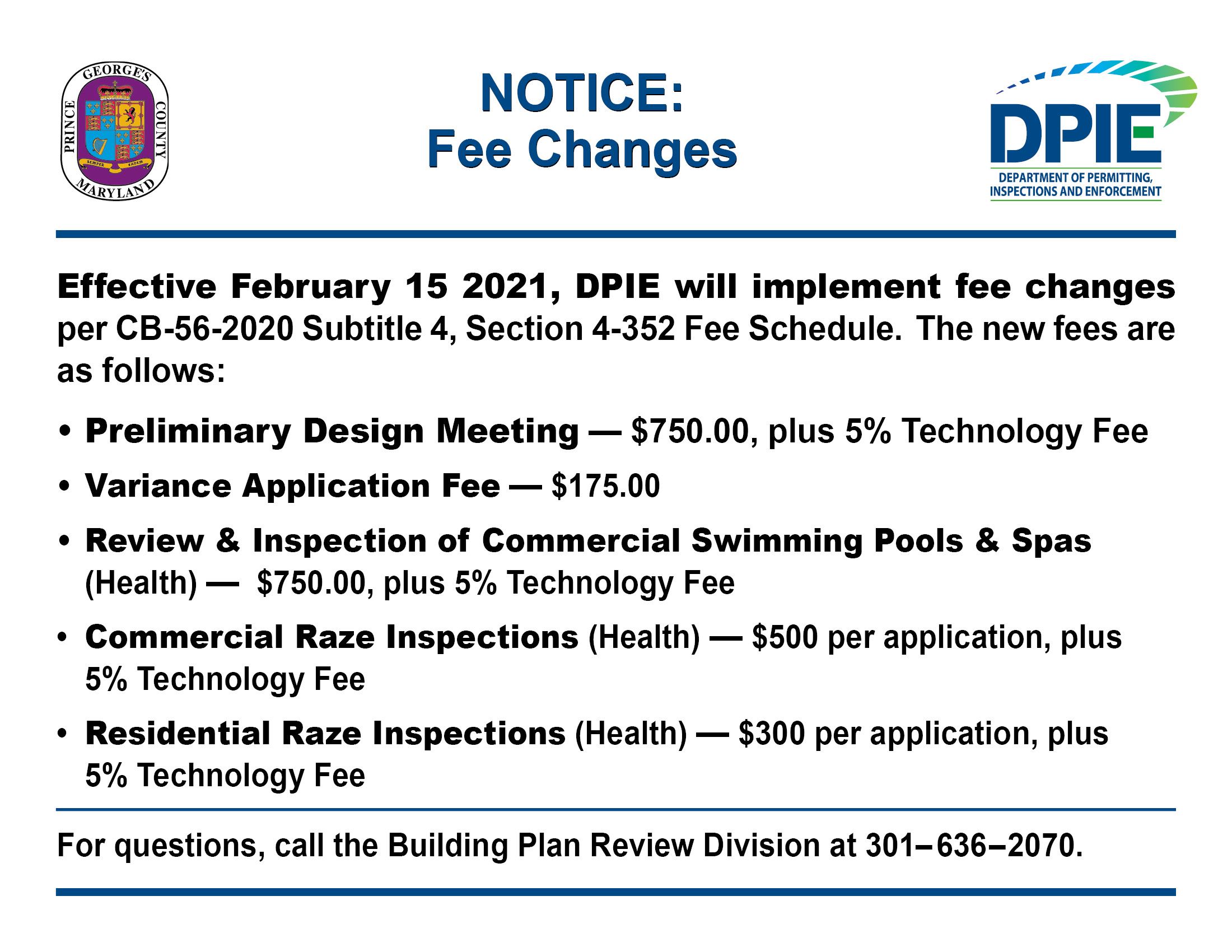 DPIE Fee Changes Feb 15 2021