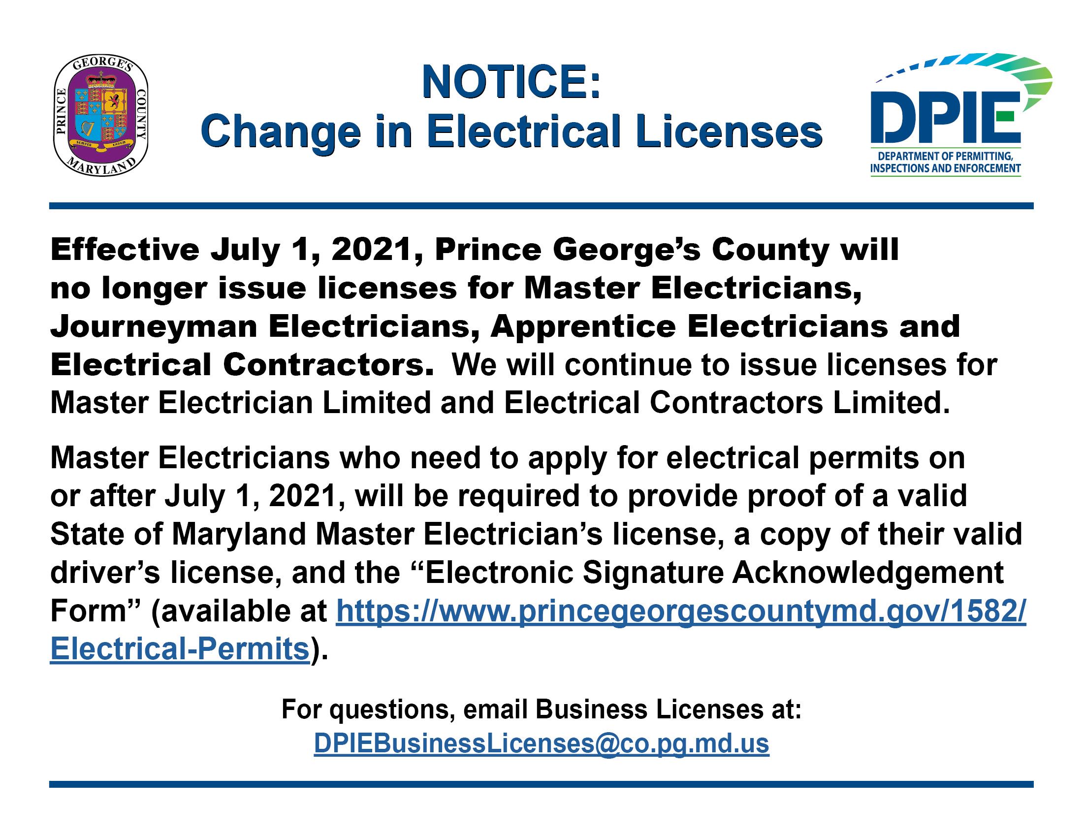 Notice - Change in Electrical Licenses