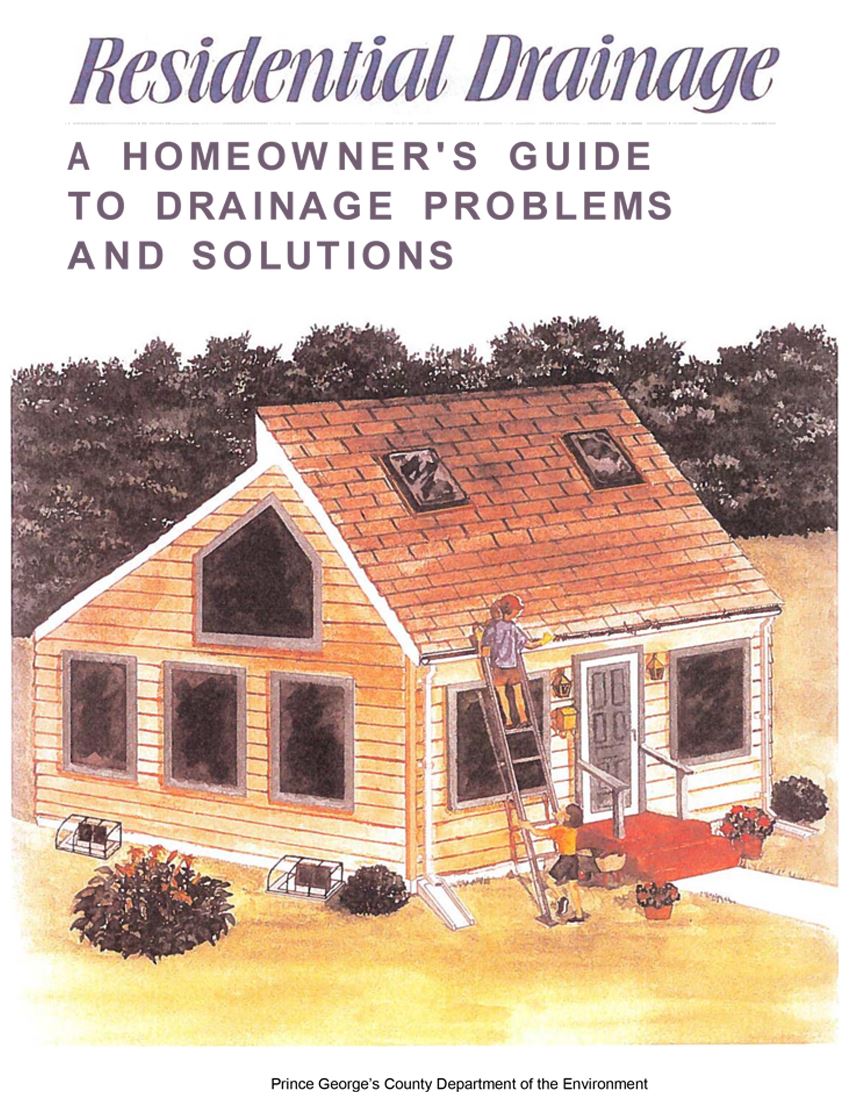 Residential Drainage - A Homeowner's Guide to Drainage, drwg of house with person cleaning gutter