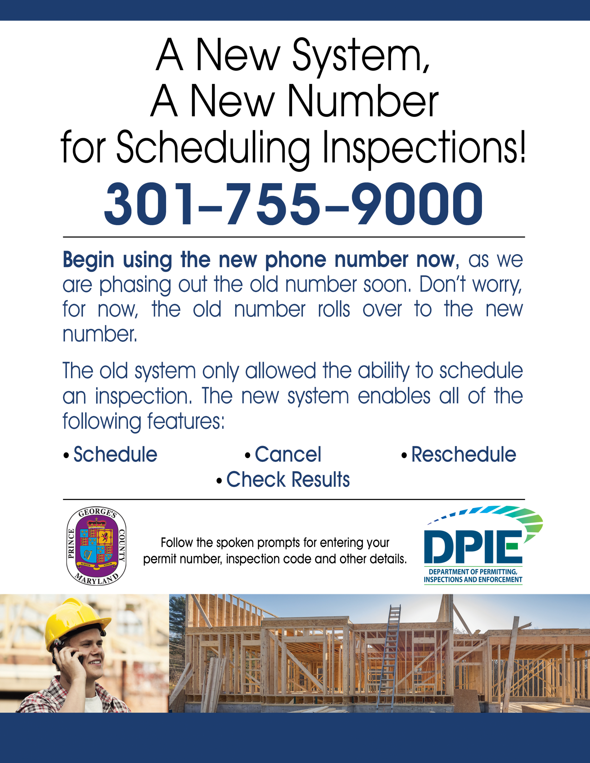 NEW Inspections Number to Schedule an Inspection, pics of work on phone and framing of bldg