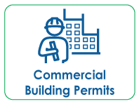Commercial Building Permits, icon of workman with plans in front of partially constructed building