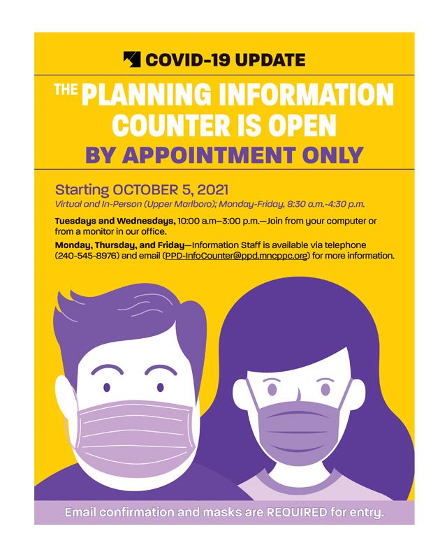 M-NCPPC Planning Information Counter open by appointment, man and woman in masks
