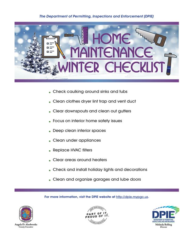 Home Maintenance - Winter Checklist, words with handyman tools, paint roller, hammer, etc