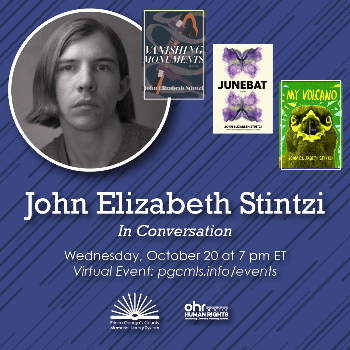 Flyer for October 20 John Elizabeth Stintzi event with author photo and cover of their three books