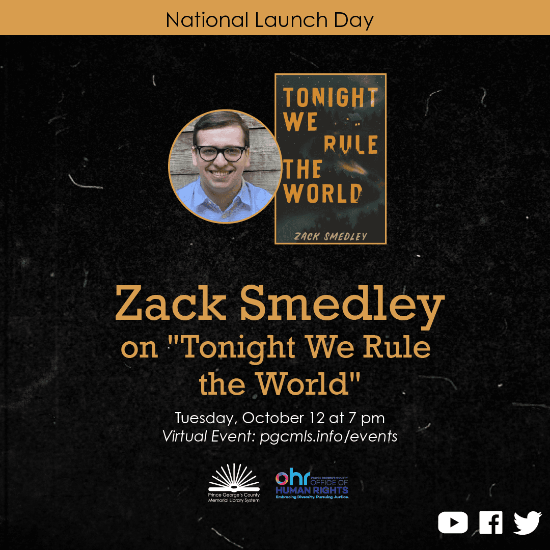 Flyer for Zach Smedley, October 12, featuring image of author