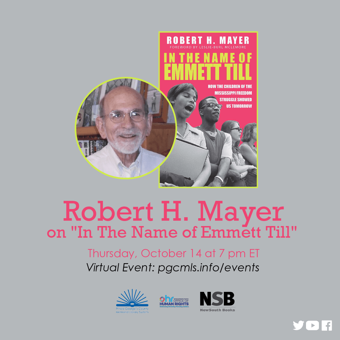 Flyer for Robert Mayer's October 14th event, featuring image of author and book