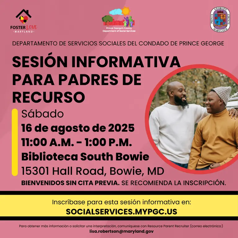 Spanish flyer for a resource parent information session on August 16, 2025 at South Bowie Library hosted by PGCDSS.
