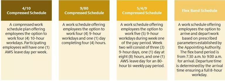 Examples of alternative work schedules include compressed schedules and flex schedules. Compressed schedule examples include working four 10-hour shifts, four 9-hour shifts per week and one 4-hour shift, or eight 9-hour shifts plus one 8-hour sift and an AWS leave day per pay period. Flex schedules include starting or ending the workday earlier or later than normal. 