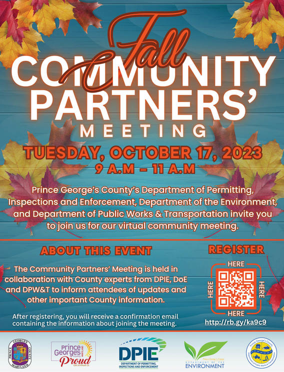 Fall 2023 Community Partners' Meeting flyer on blue background with fall leaves