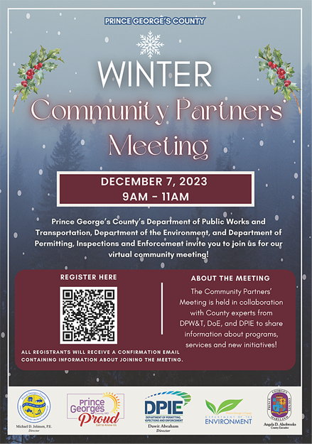 Winter 2023 Community Partners' Meeting flyer with holly and snowflakes
