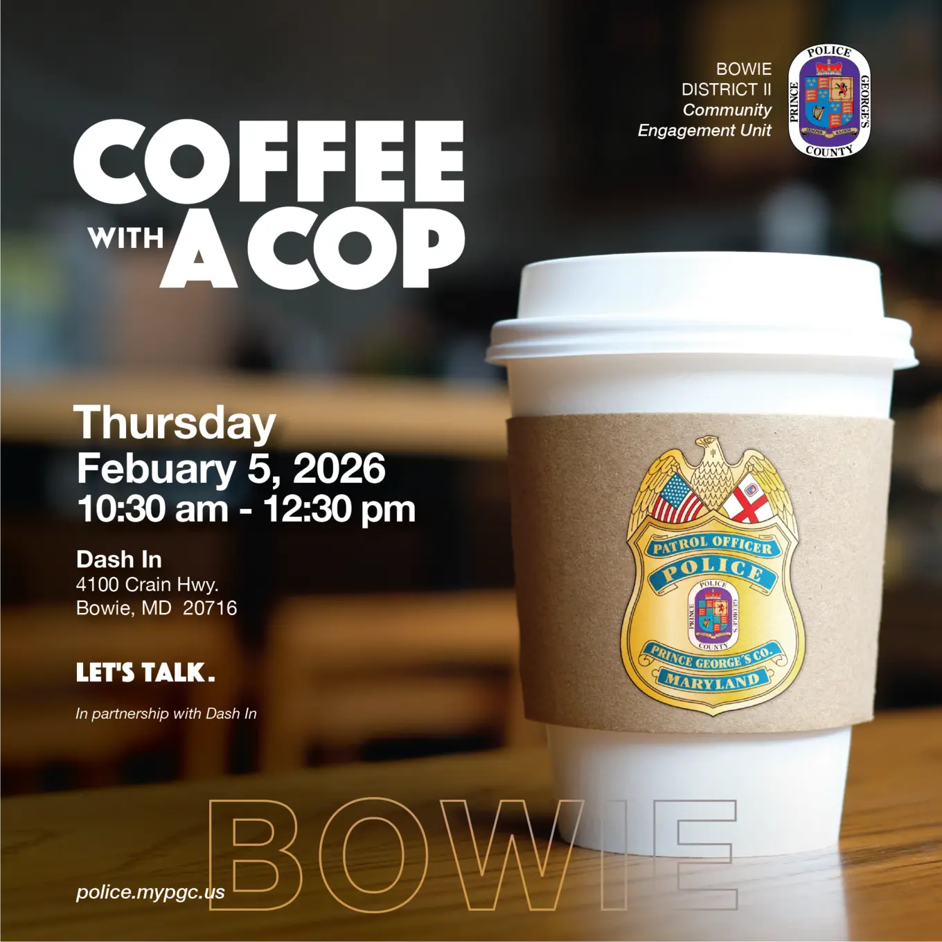 Coffee Cup with Police Badge Inviting Community to Coffee Club Event