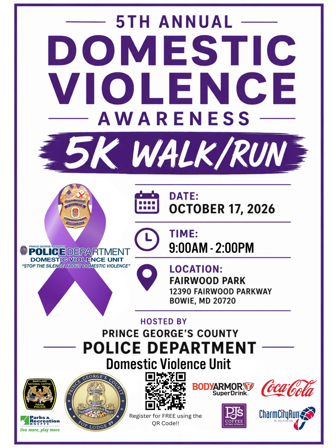 Domestic Violence Awareness 5K Walk flyer featuring purple ribbon