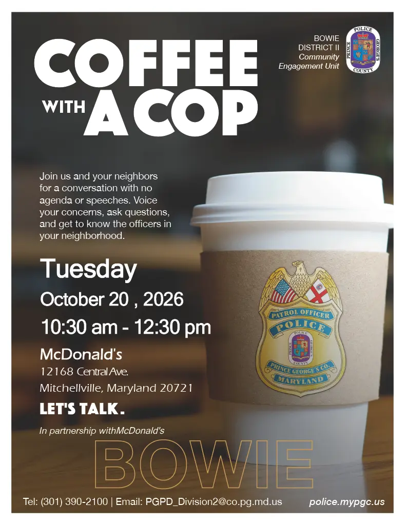 Coffee Cup with Police Badge Inviting Community Members to Coffee Club Event