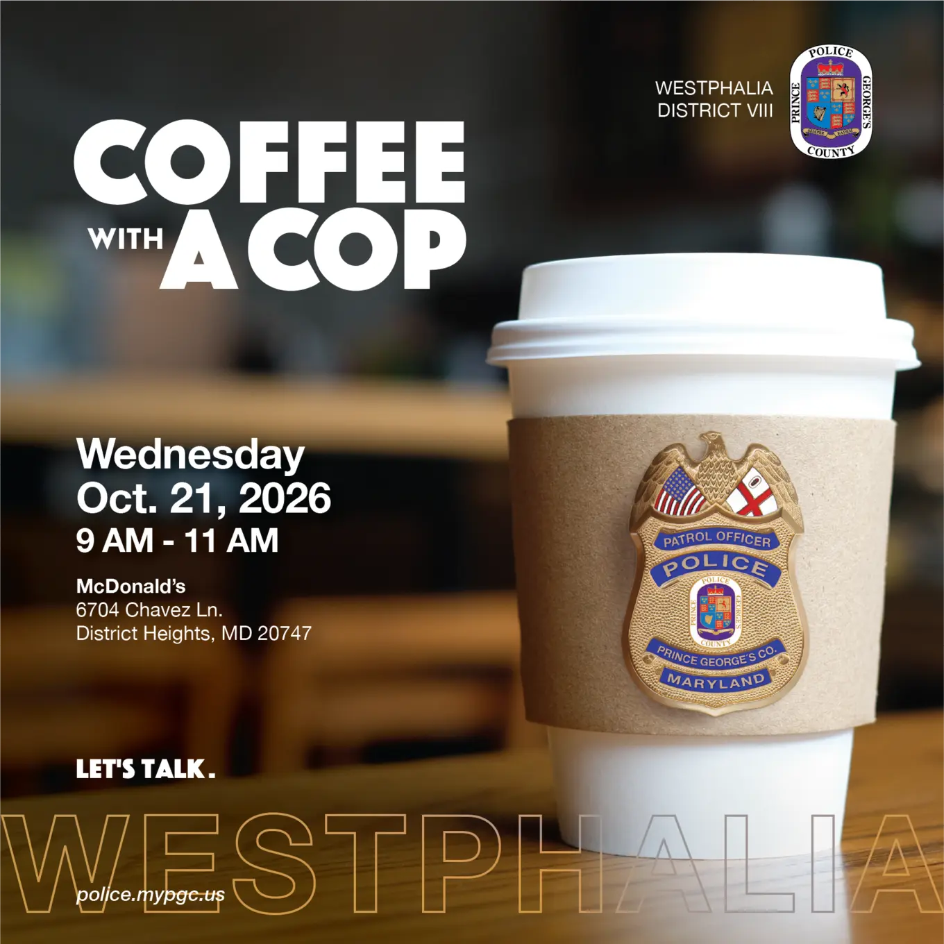 Coffee Cup with Police Badge Inviting Community to Coffee Club Event