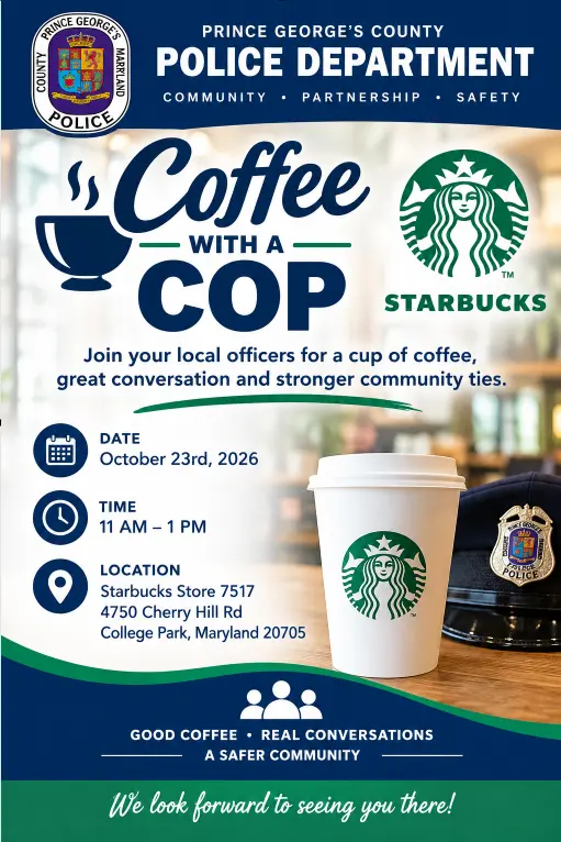 Coffee Cup with Police Badge Inviting Community to Coffee Club Event