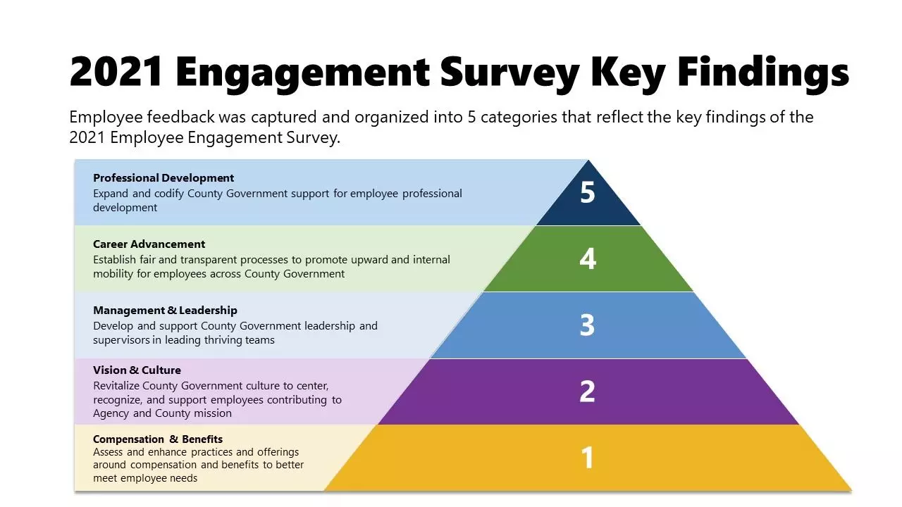 2021 Engagement Survey Key Findings include the following categories: compensation and benefits, vision and culture, management and leadership, career advancement, and professional development. 