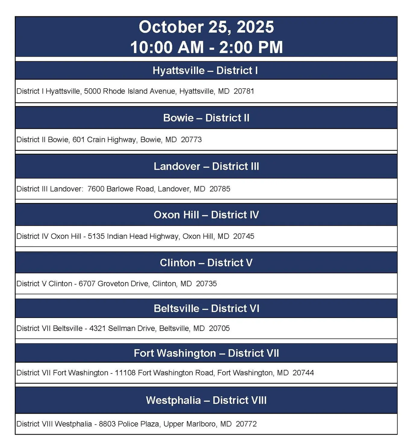 Prince George's County National Prescription Drug Take Back Locations