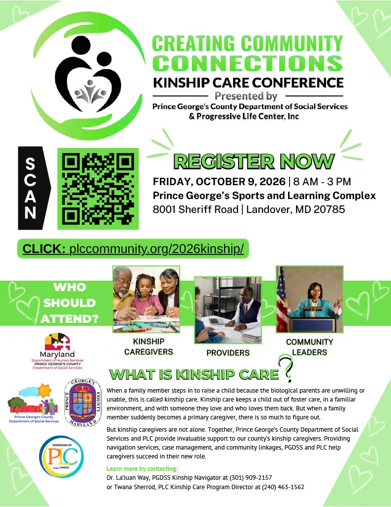 green and white flyer for kinship care conference detailing event info