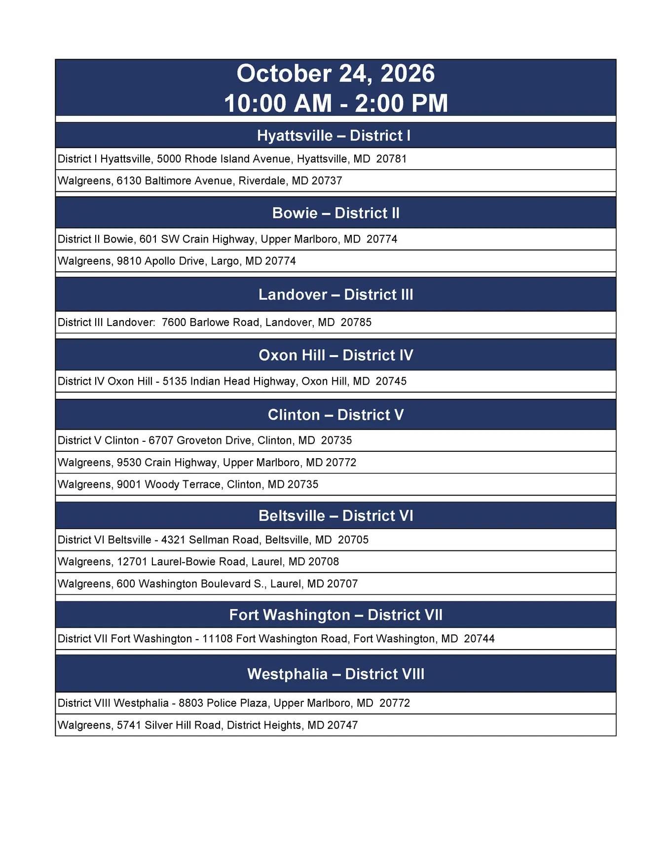 List of Prince George's County locations accepting prescription drugs on October 24, 2026 from 10 am to 2 pm