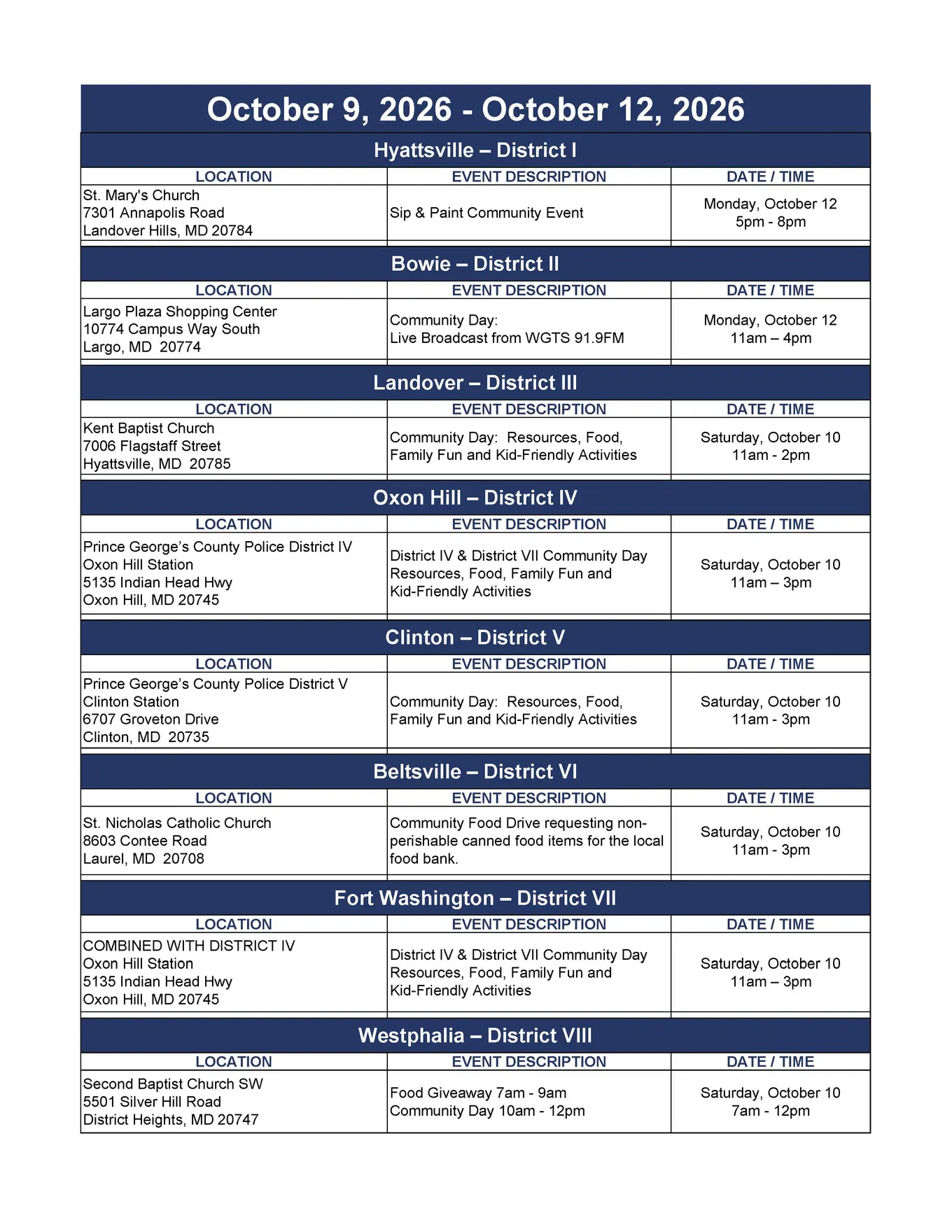 List of 2026 Faith and Blue Events in Prince Georges County