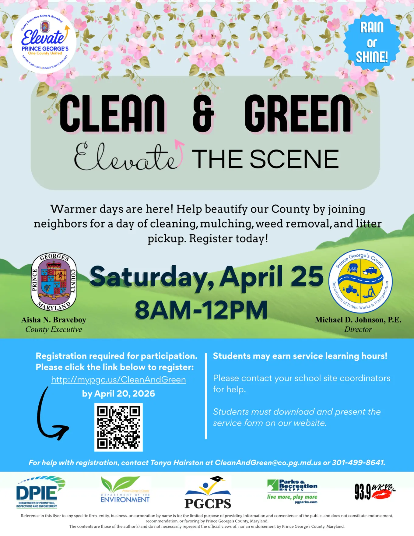Clean and green flyer that has the date Saturday, April 25 8am-12pm with QR code