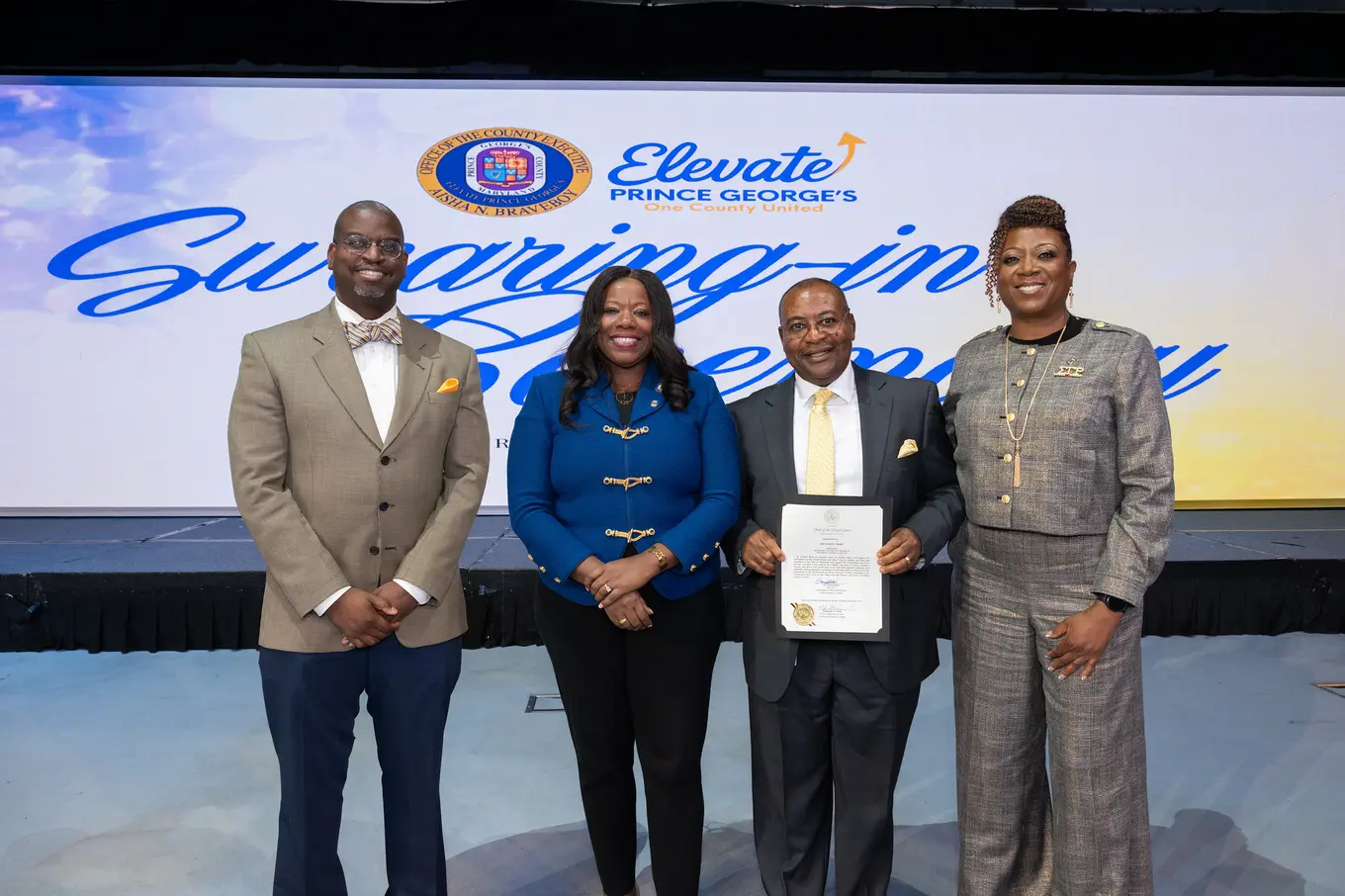 County Executive Braveboy, CAO Bardwell, DCAO Stephens, and Dr. Sam Moki at Swearing In Ceremony
