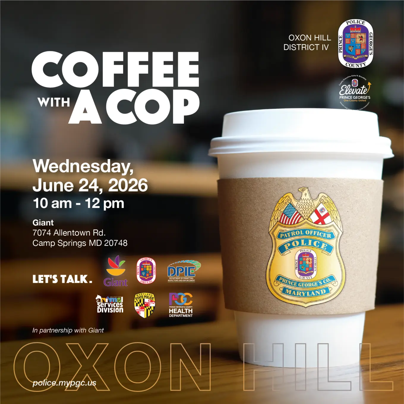 An invitation to a community event featuring a coffee cup with a police badge