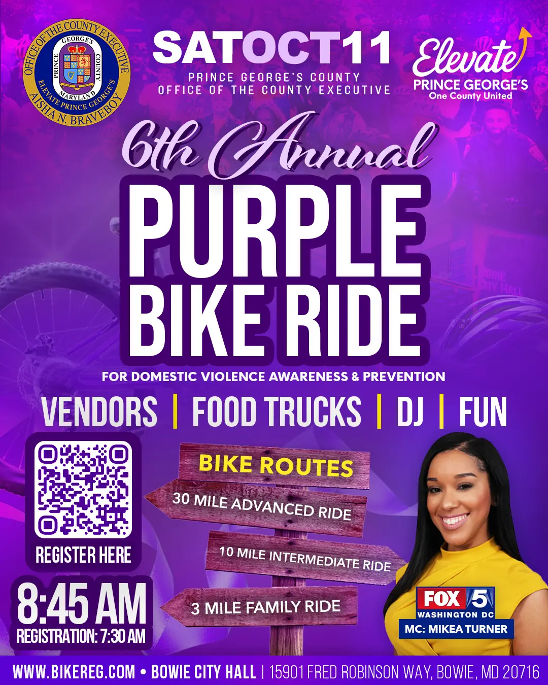 6th Annual Purple Bike Ride for Domestic Violence Awareness and Prevention. MC: Mikea Turner from Fox5DC. Vendors, Food trucks, DJ, and fun on Saturday, October 11, 2025, from 8:45 AM starting at Bowie City Hall.