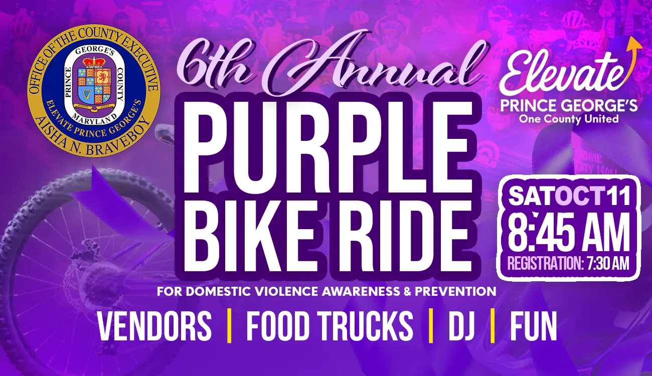 6th Annual Purple Bike Ride for Domestic Violence Awareness & Prevention web banner. Vendors, food trucks, DJ, fun on Saturday October 11, at 8:45 AM.