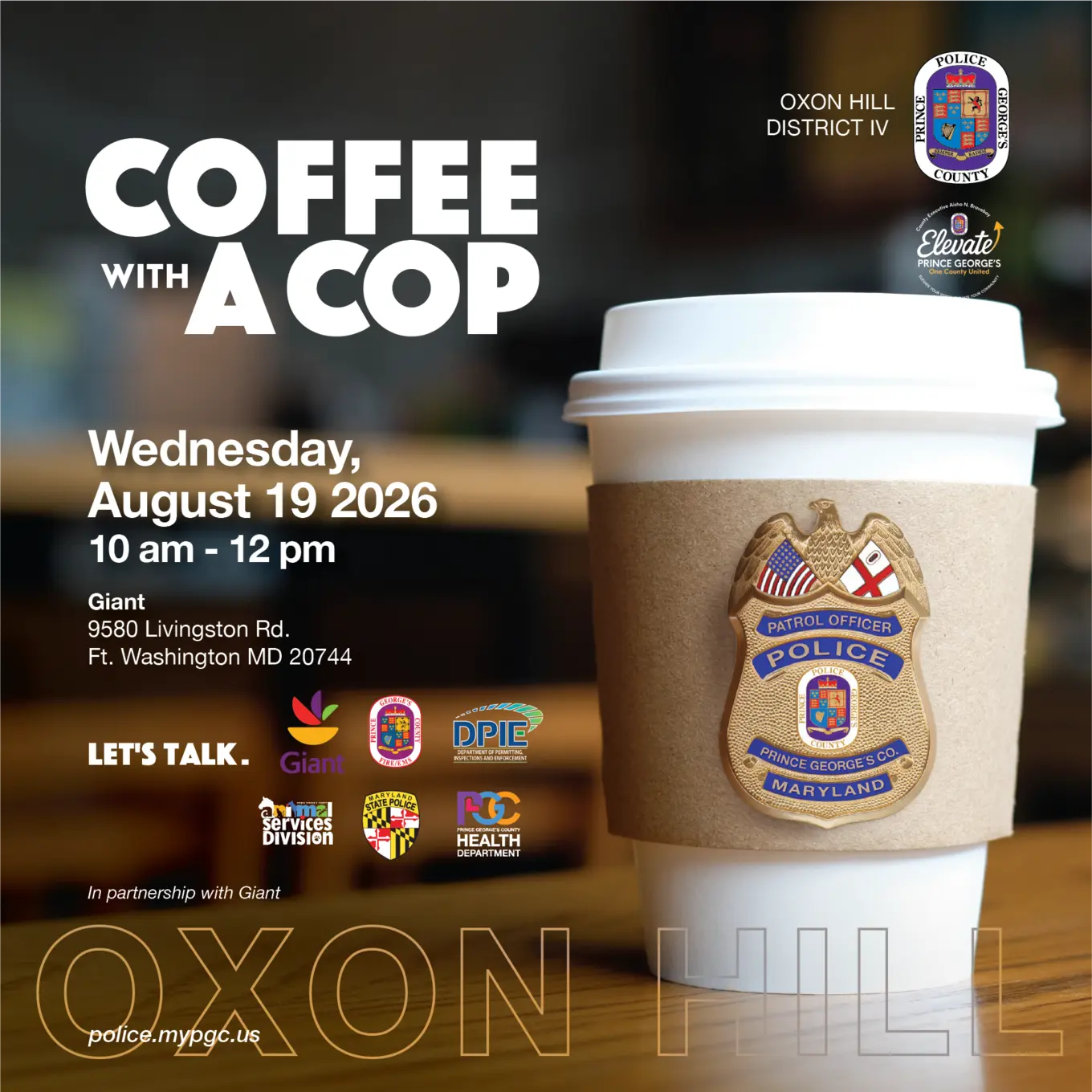 Coffee Cup with Police Badge Inviting Community to Event