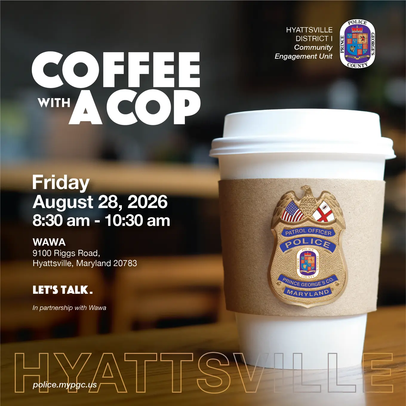 Coffee Cup with Police Badge Inviting Community to Coffee Club Event