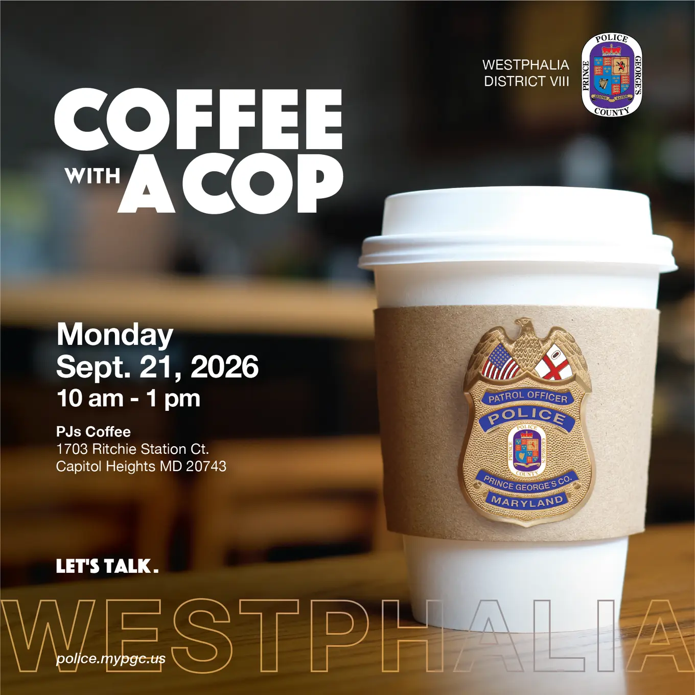 Coffee Cup with Police Badge Inviting Community to Coffee Club Event