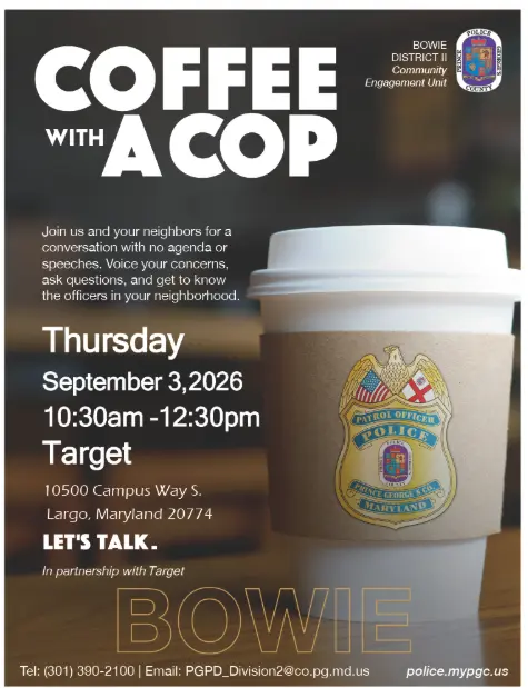 Coffee Cup with Police Badge Inviting Community to Coffee Club Event