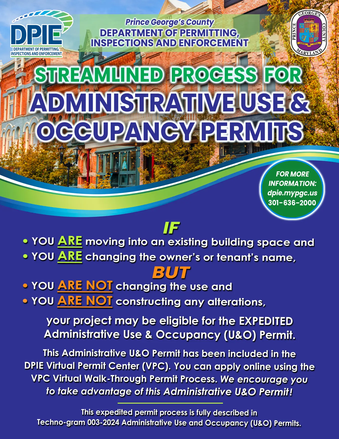 Streamlined Process for Administrative Use & Occupancy Permits title with image of a row of businesses