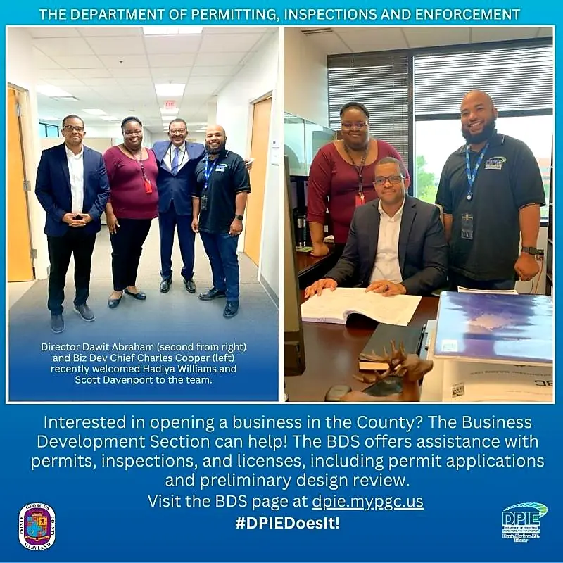2 photos of the BDS team with DPIE Director Dawit Abraham, Chief of Business Development Charles Cooper, and Engineering Technician/Business Specialists Scott Davenport–Smith and Hadiya Williams