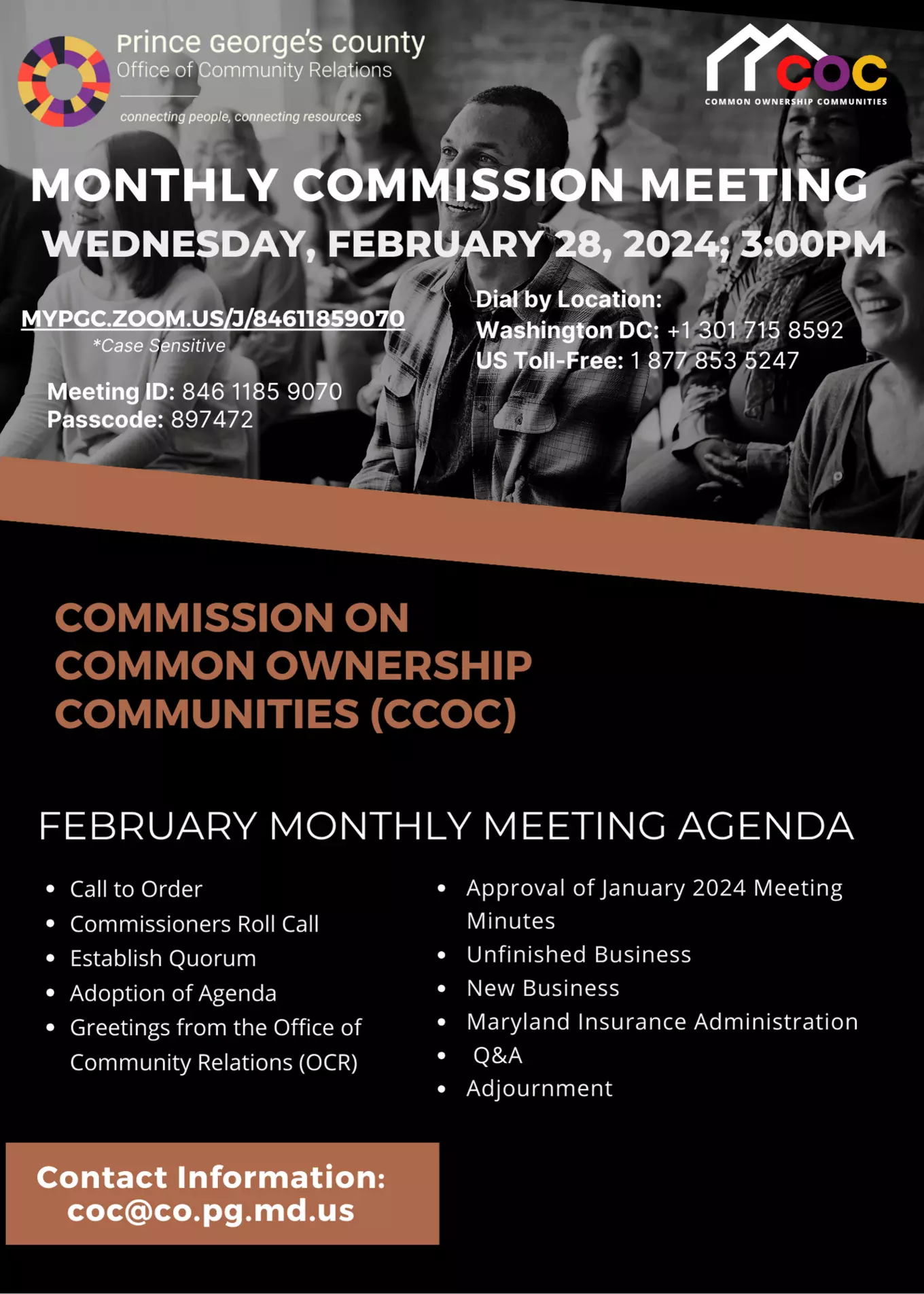 The Prince George’s County Office of Community Relations will partner with the Commission on Common Ownership Communities to host a virtual meeting on Wednesday February 28th, 2023, at 3:00 pm.