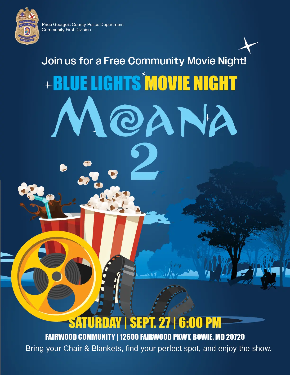 Popcorn, soda and movie reel, in front of blue trees. Text Blue lights Movie Night Moana 2.