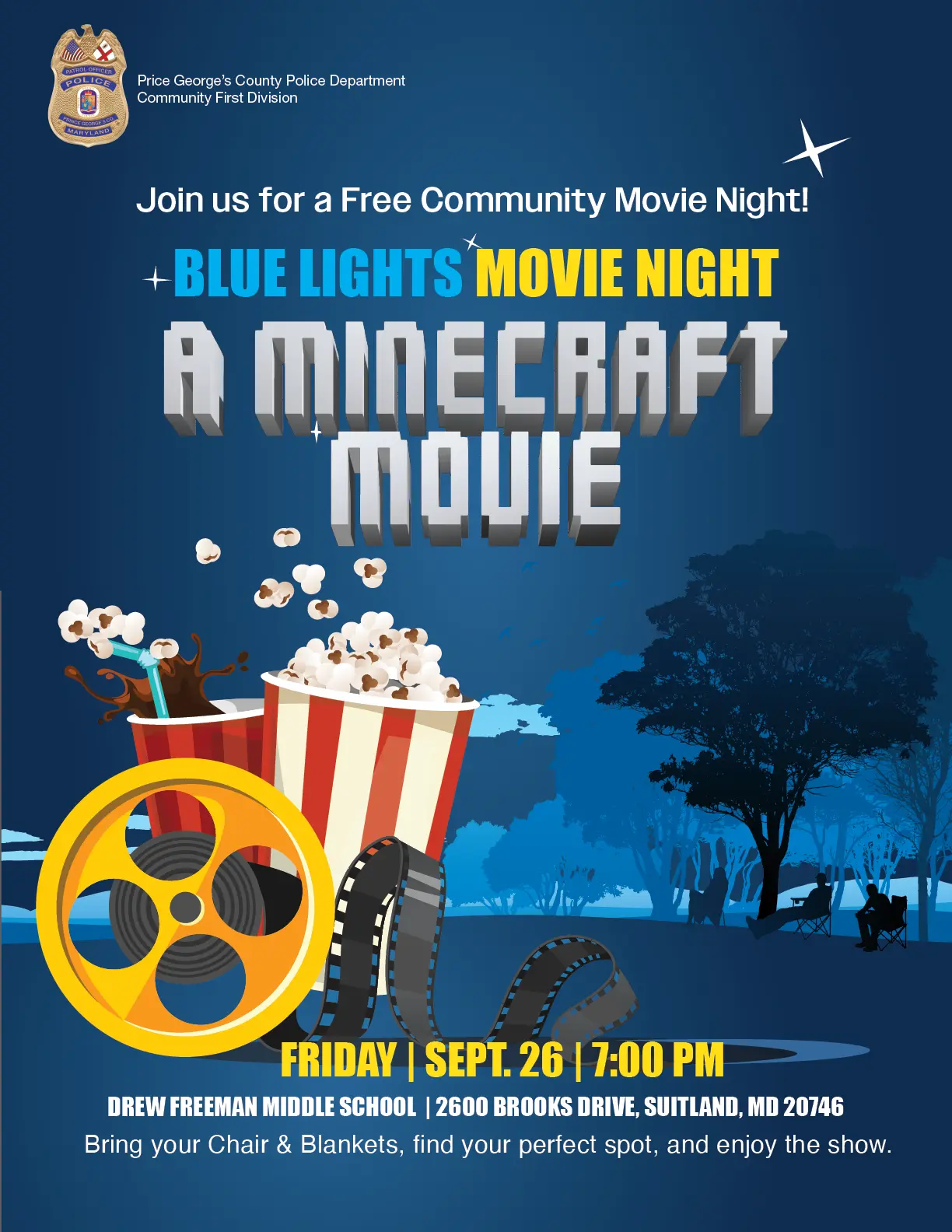 Popcorn, soda and movie reel, in front of blue trees. Text Blue lights Movie Night A Minecraft Move.