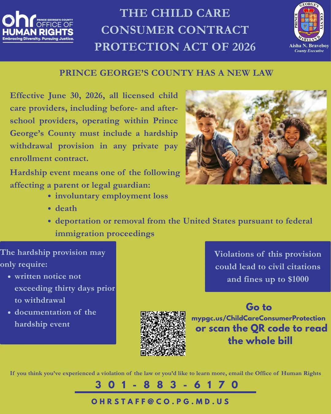 Infographic about the Child Care Consumer Contract Protection Act including a link to the full bill