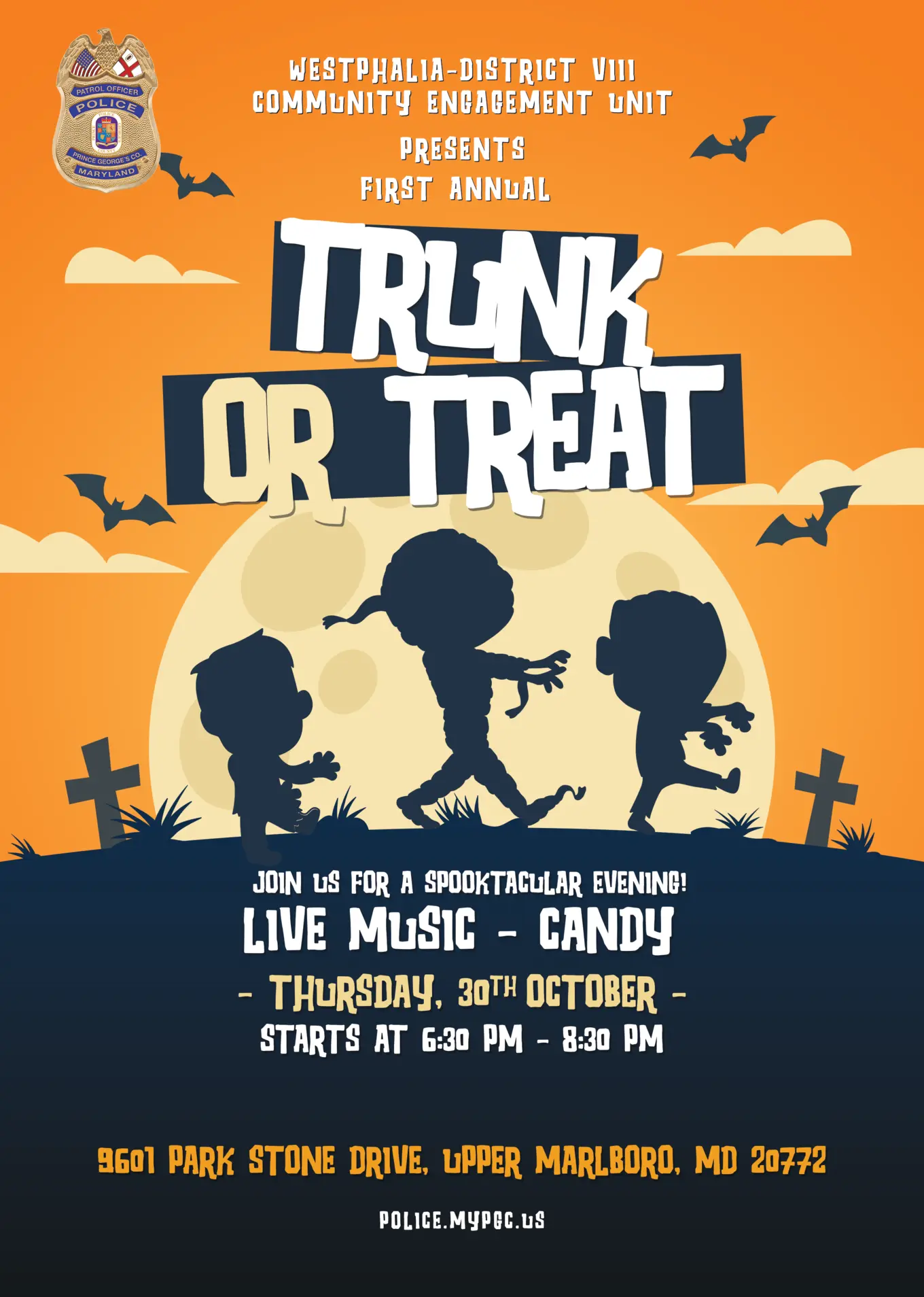 Truck or Treat event Thursday Oct. 30 from 6:30-8:30 pm. Image Mummies walking across with moon in background 