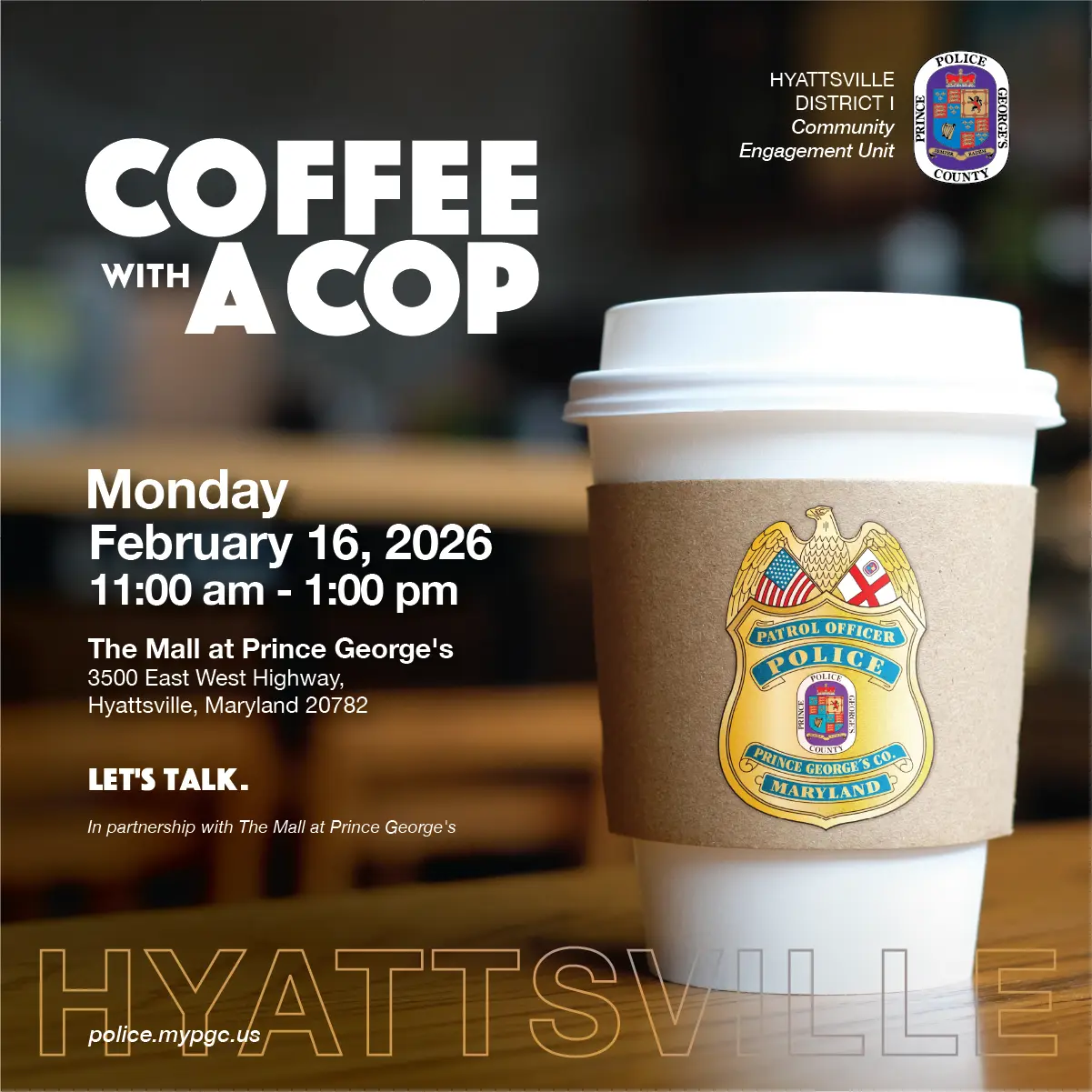 Coffee Cup with Police Badge Inviting Community to Hyattsville Coffee Club Event