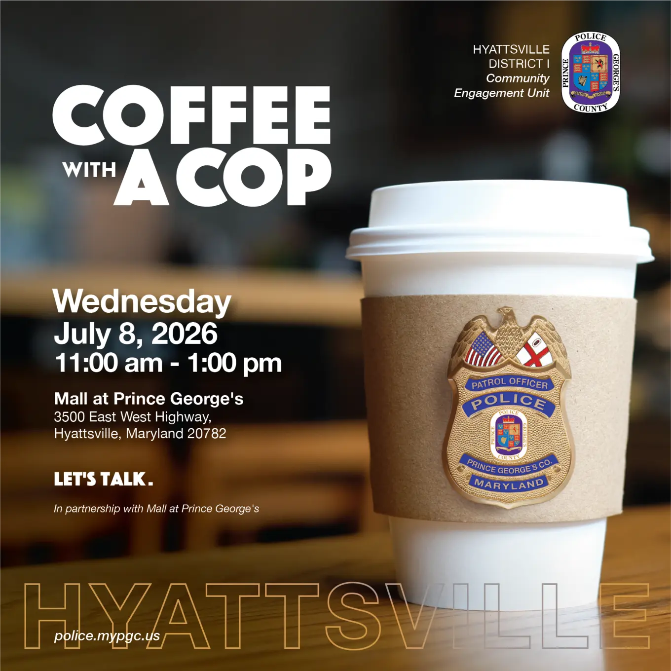 Coffee Cup with Police Badge for July 8 Meeting in Hyattsville Maryland