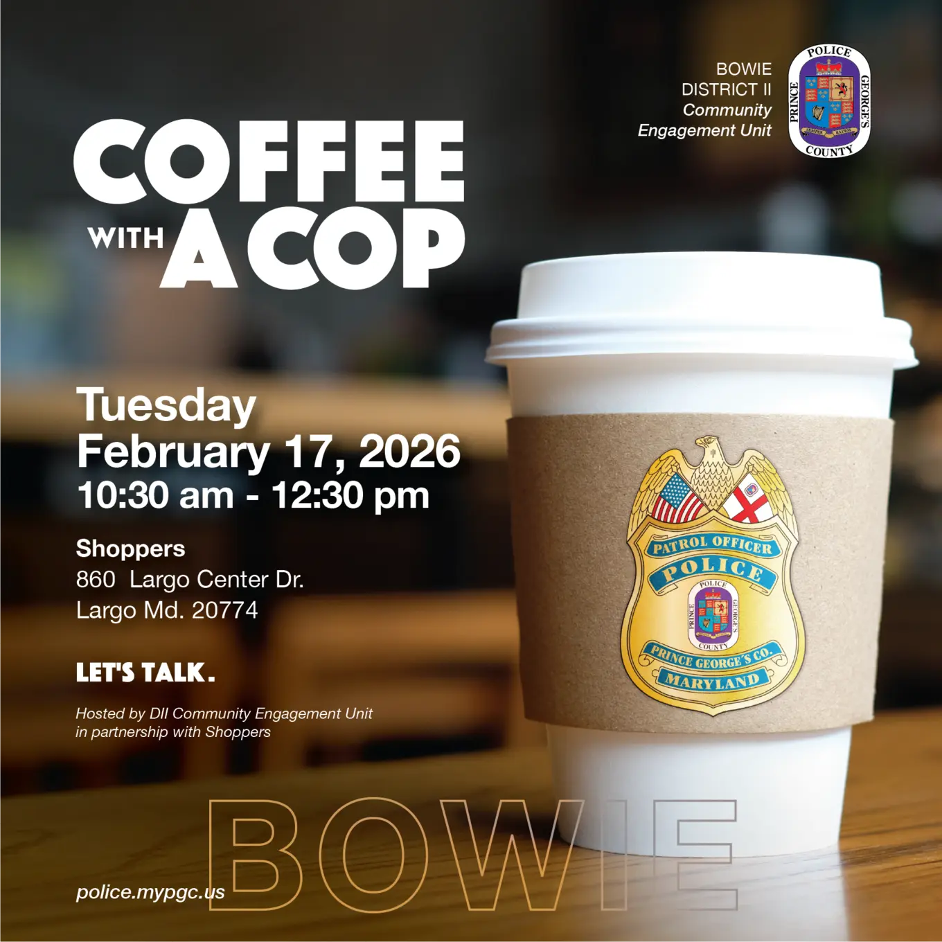 Coffee Cup with Police Badge Inviting Community to Bowie Coffee Club Event